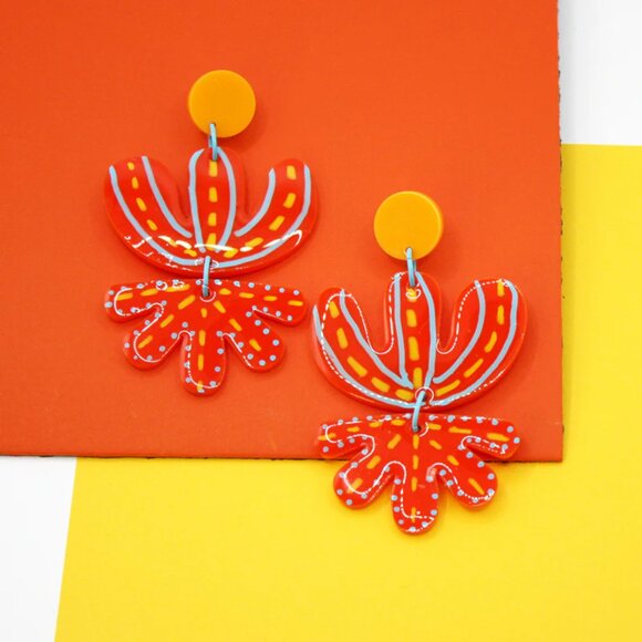 Handpainted Bold Boho Flower Child Statement Earrings - Picture 3 of 4